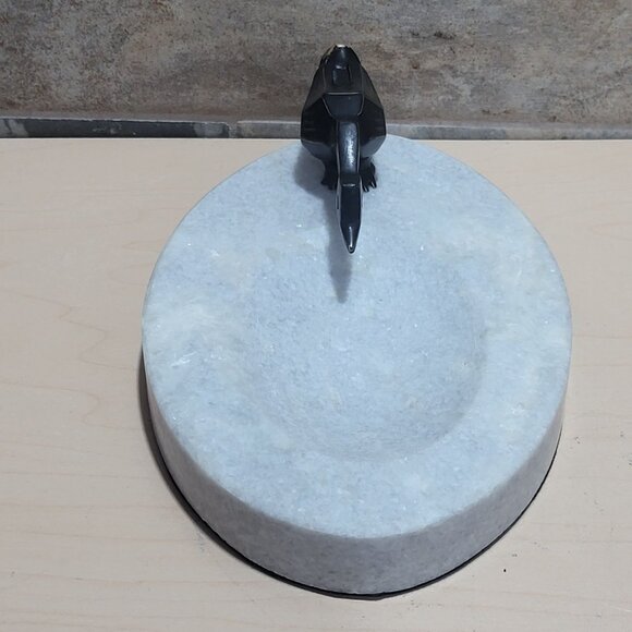 Decorative Marble Soap Dish Jewelry Holder Black Metal Bird Figure - Picture 3 of 12